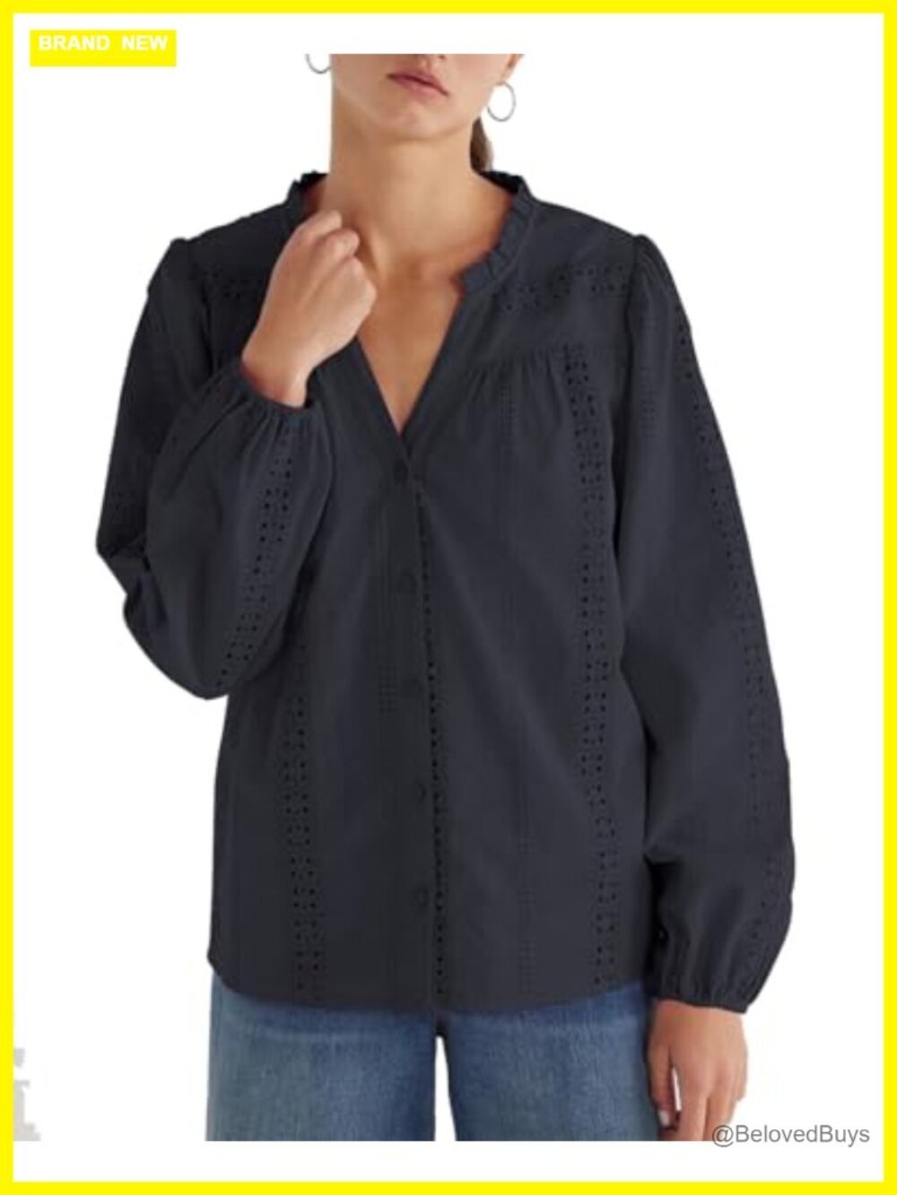 Women's Button-Down Shirt with Crochet Trim Long Sleeve Bohemian Blouse